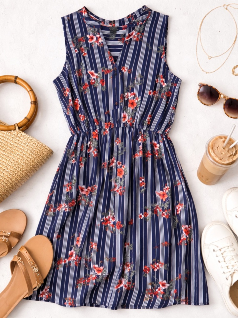 Rue21 Navy Floral Stripe Sleeveless Dress Medium | Summer Casual Chic